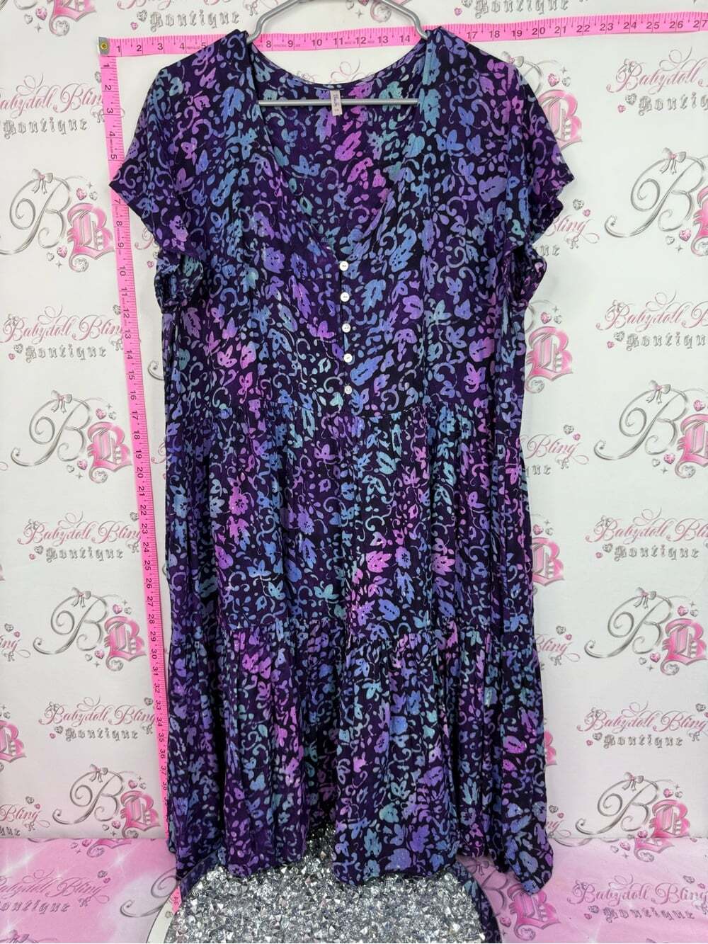 Blue Sky dress ruffle tiered neon Purple & Blue Floral-Print Midi Dress